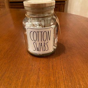 Rae Dunn Glass Jar Wooden Lid with 120 Cotton Swabs